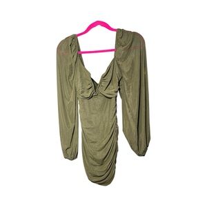 Olive Green Ruched Dress with Long Sleeves